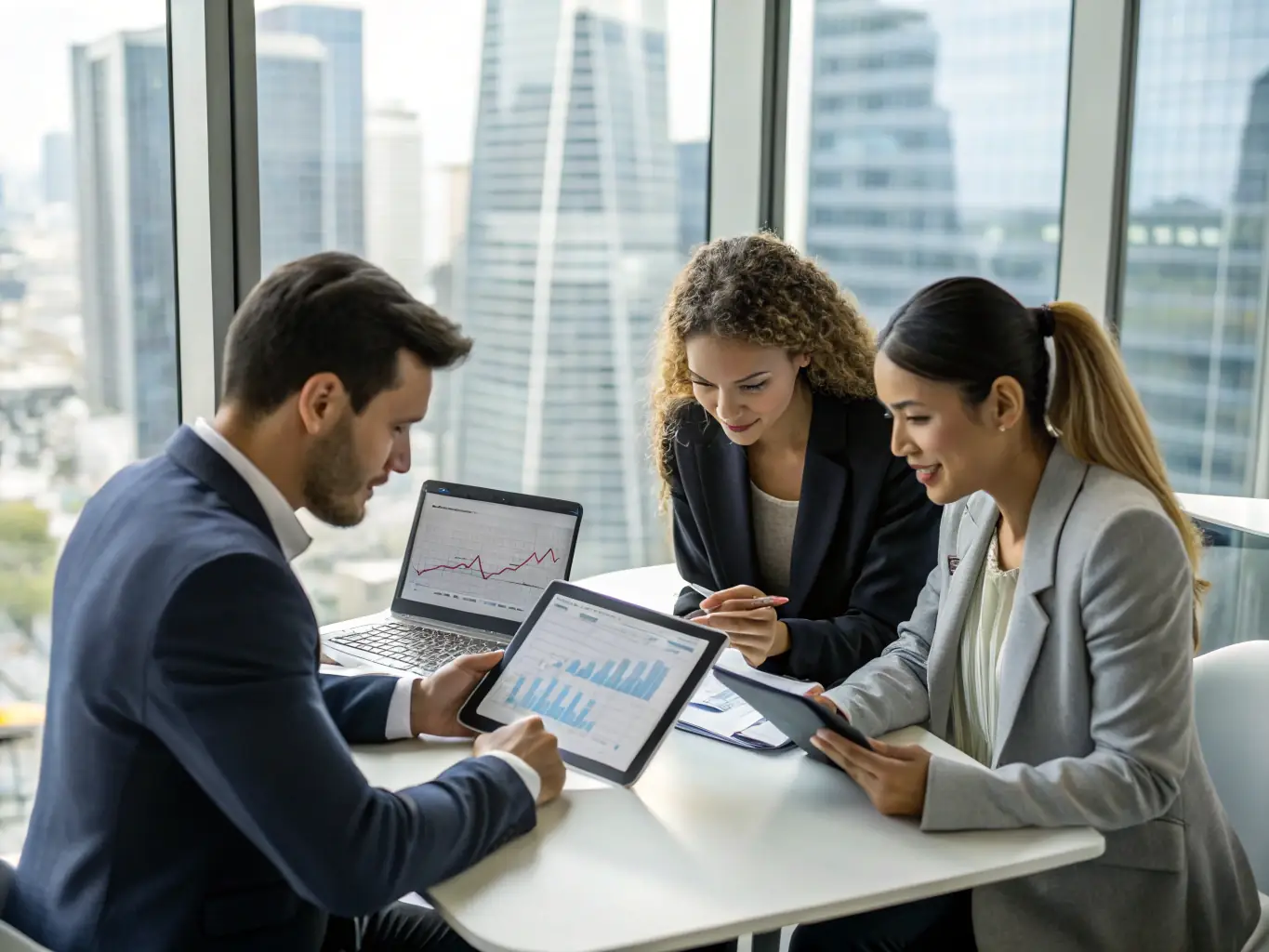 A diverse team collaborating on financial strategies in a bright, modern office, with laptops and tablets displaying financial data.