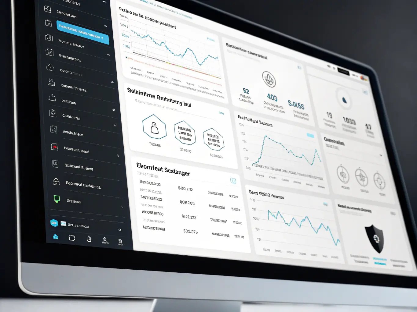 A secure online portal displaying financial data with encryption symbols, emphasizing data security and privacy.